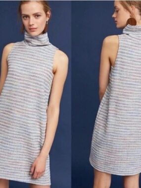 Sleeveless Striped Turtleneck Shift Dress - Light Blue